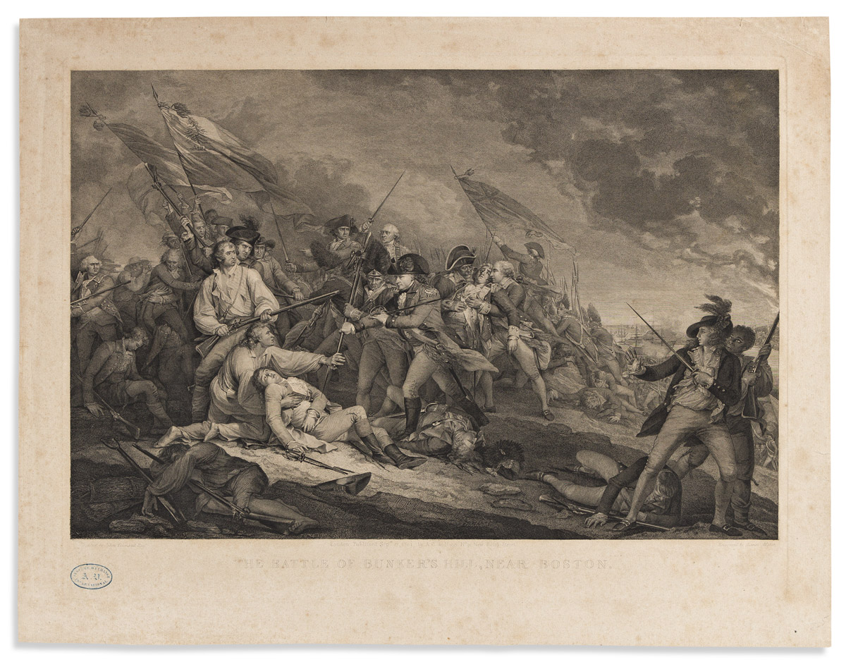 (AMERICAN REVOLUTION.) James Mitan, engraver; after Trumbull. The Battle of Bunkers Hill, near Boston.